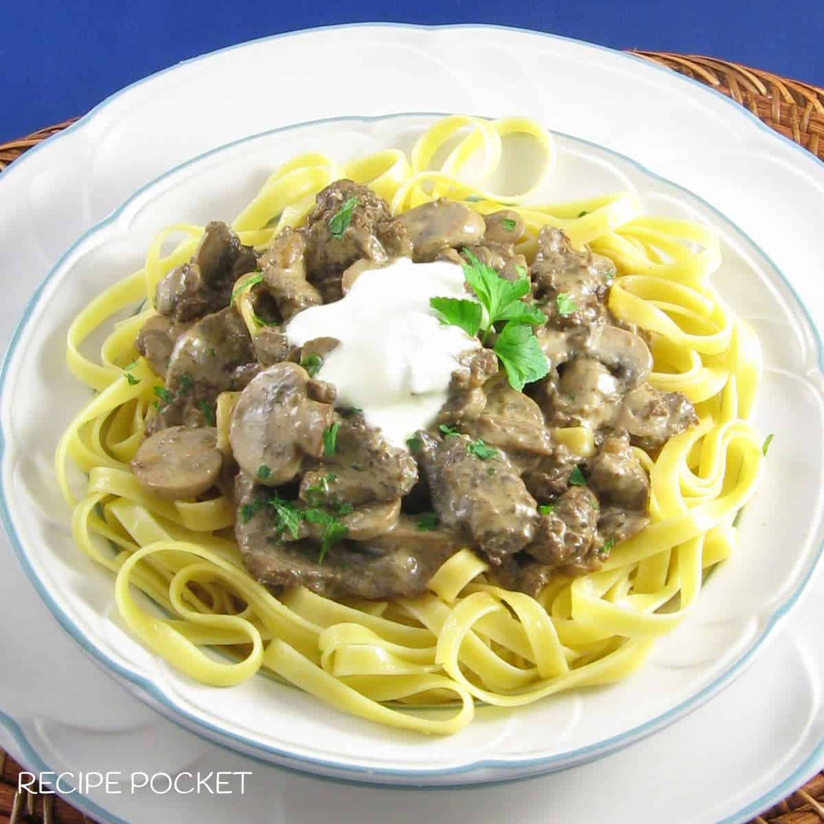 A white plate with beef stroganoff and pasta.