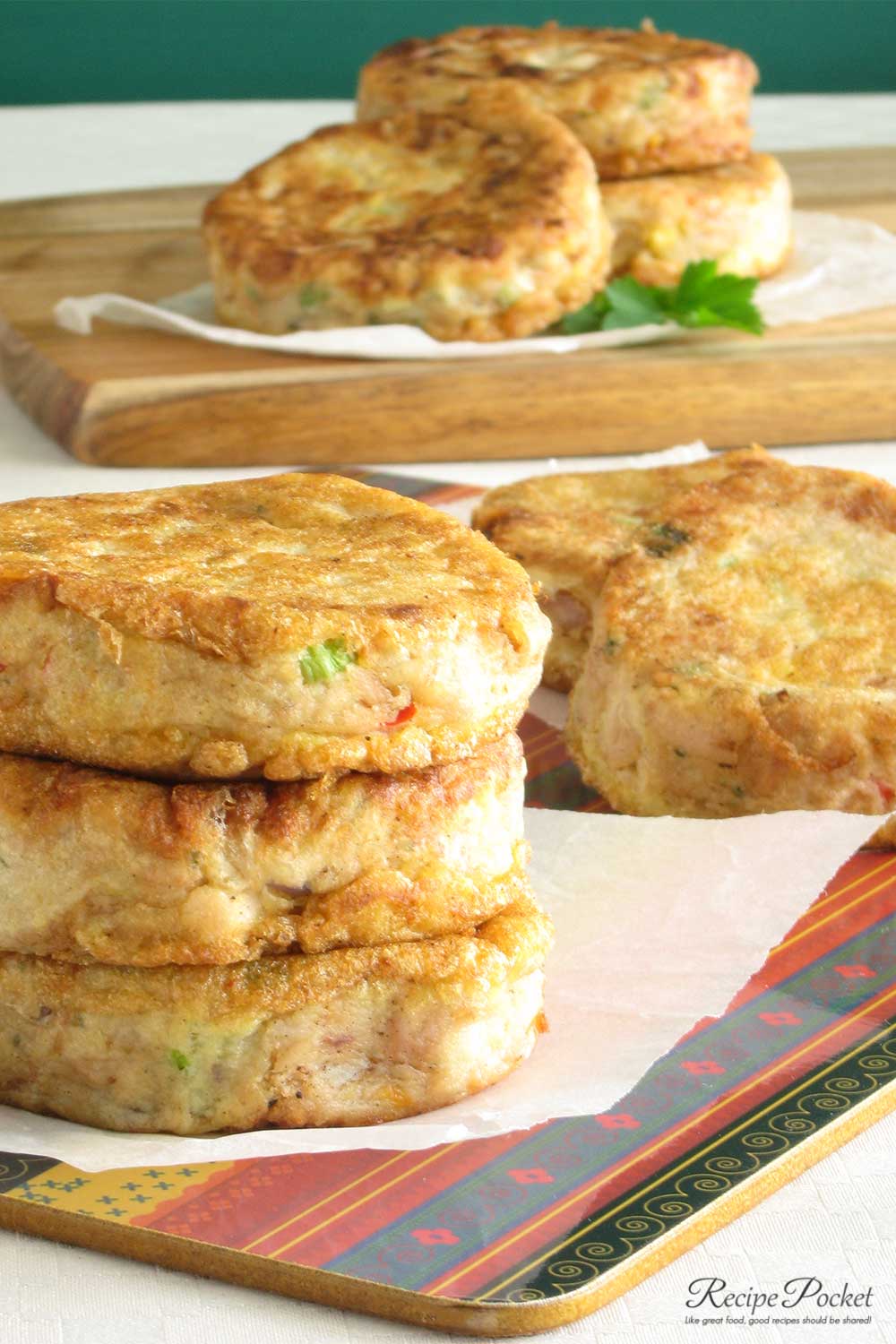 A stack of homemade tuna patties made with potato.