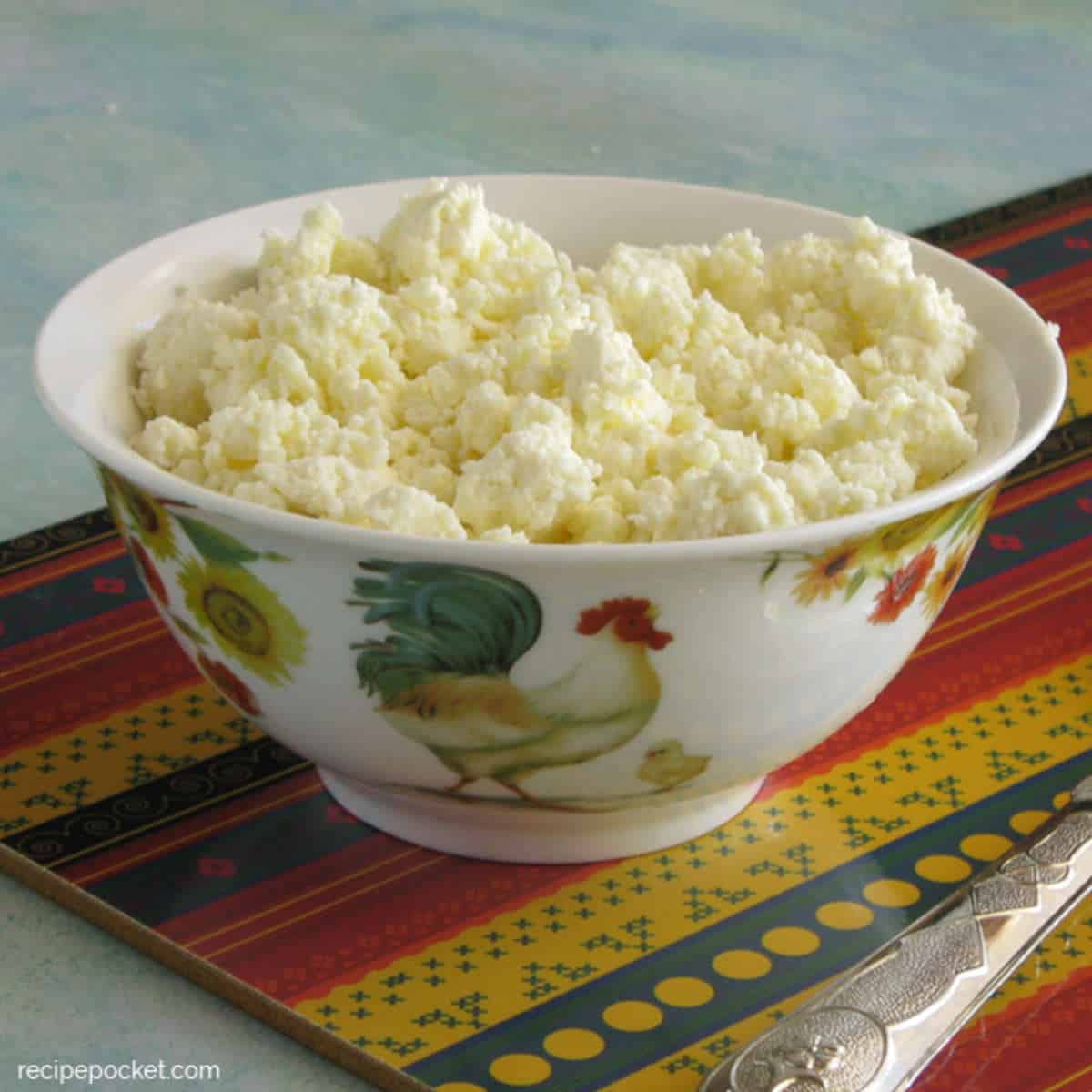 Whole milk ricotta cheese in a bowl.