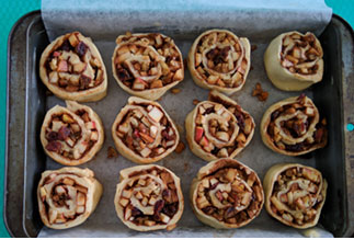 Cut buns on tray.