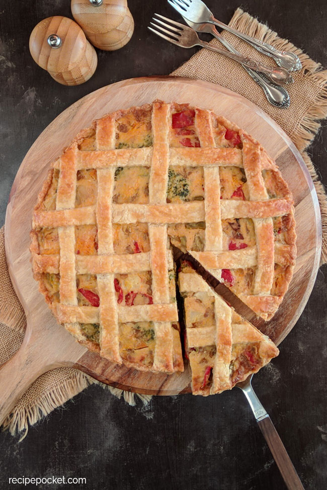 Top view of vegetable pie, show lattice pie crust.