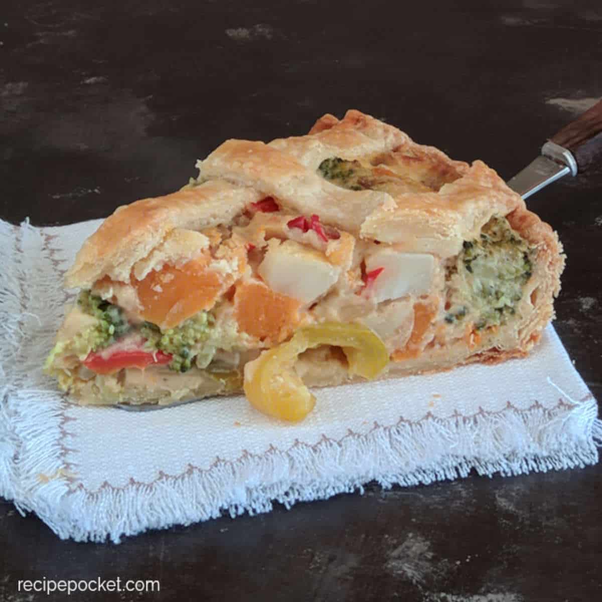 A slice of vegetable pie.