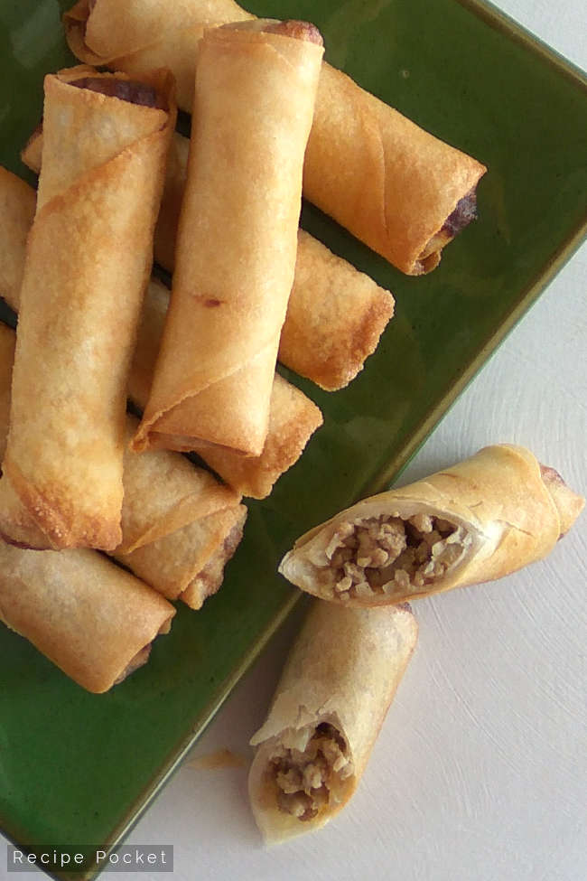 Top view of fried pork spring rolls.