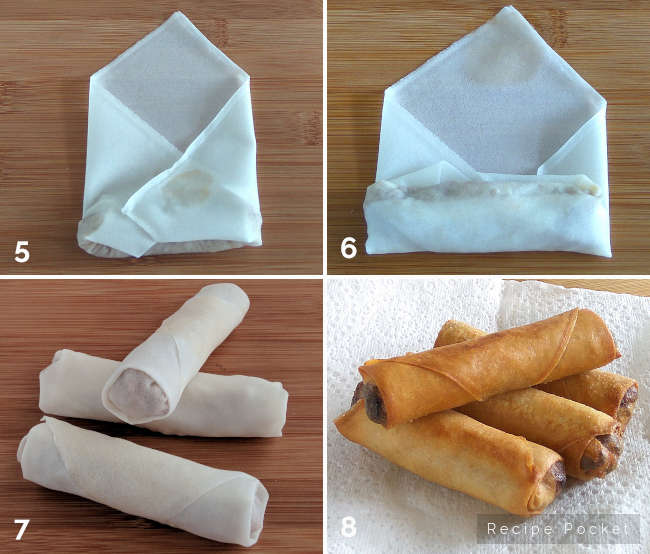 Image showing steps 5 to 8 on how to roll spring rolls for frying
