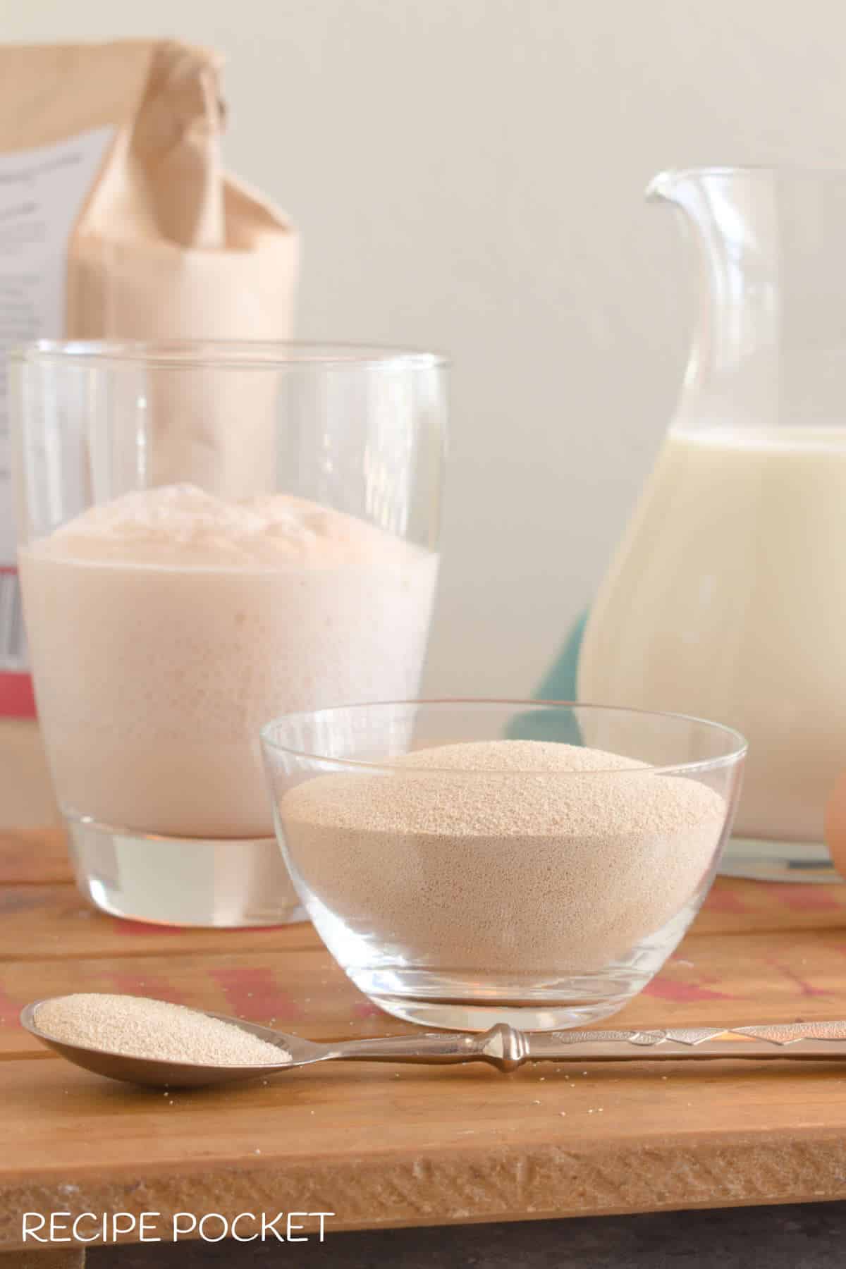 Instant yeast granuals in a glass bowl.