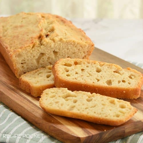 A loaf of beer bread cut into slices.