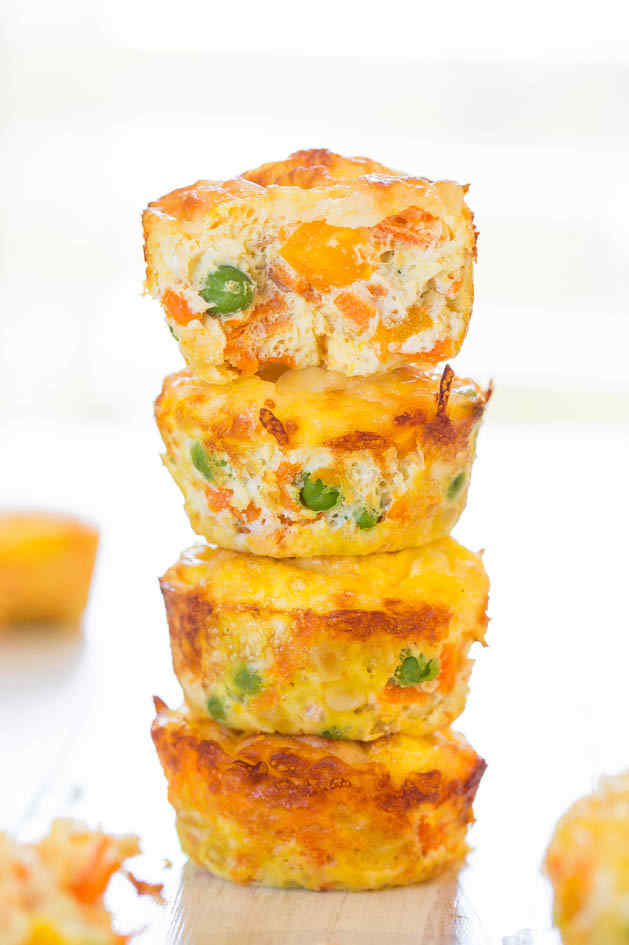 A tower of gluten free egg and veggie muffins.
