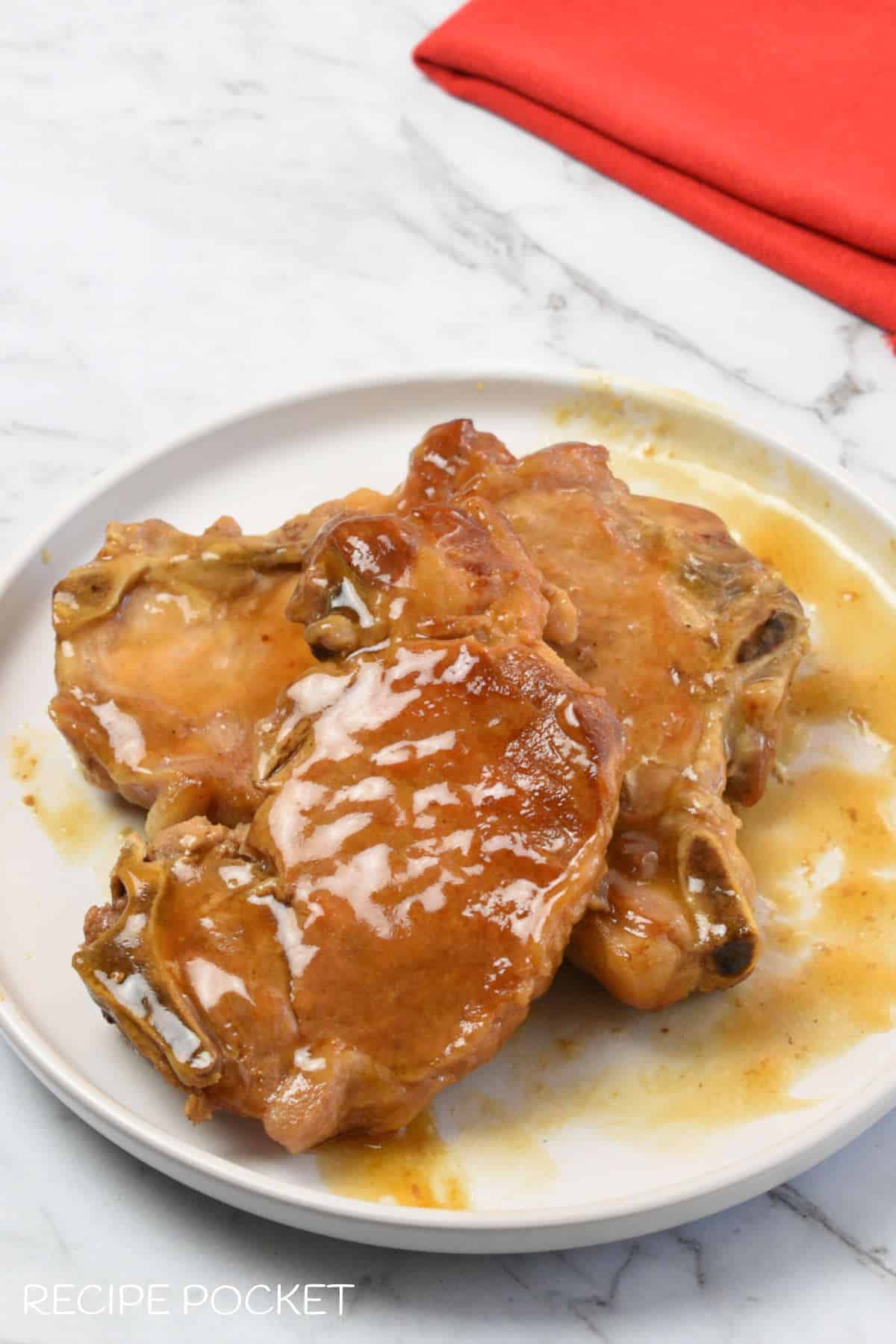 Pork chops with gravy on a white plate.