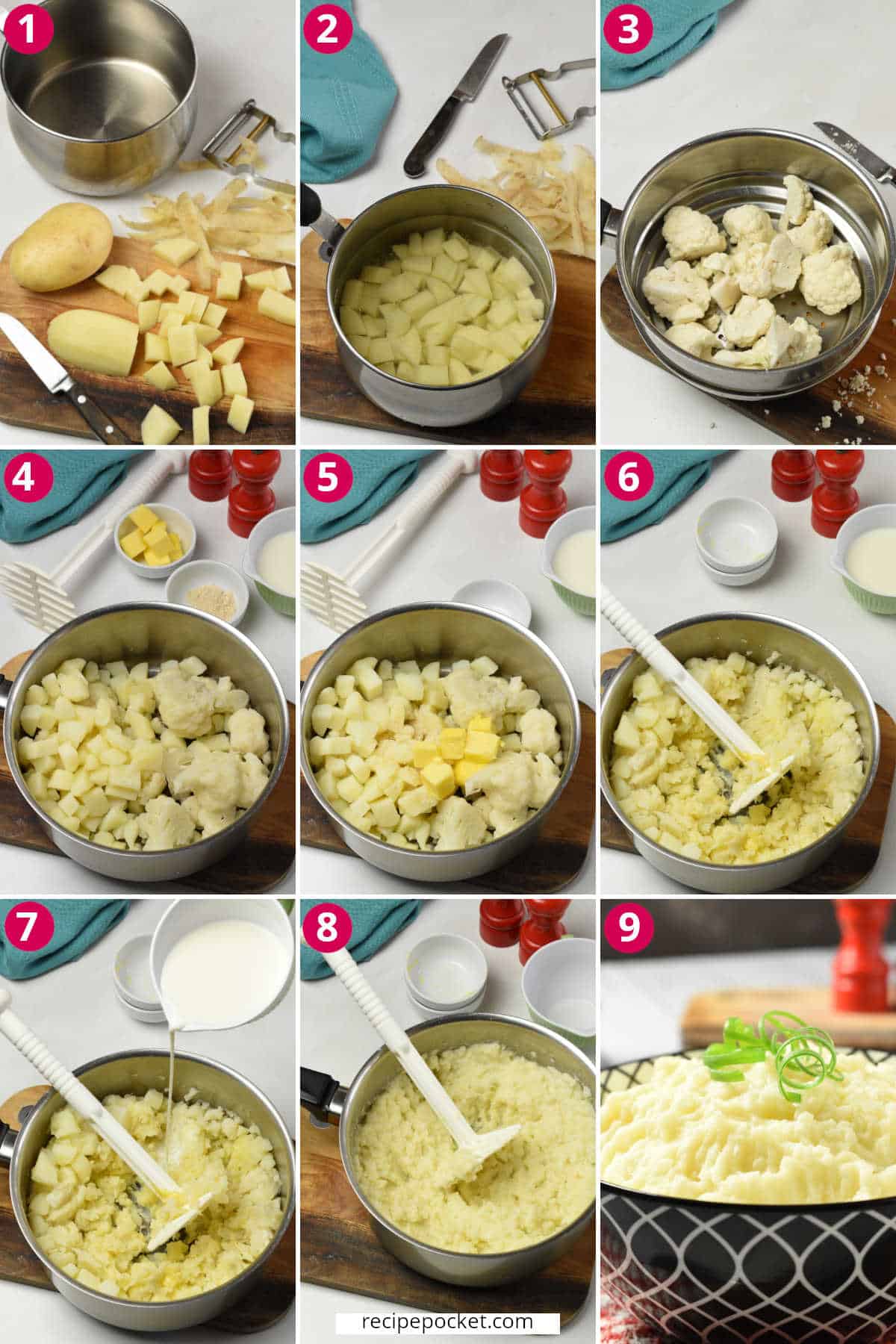A nine part image showing how to make potatoes and cauliflower mash.