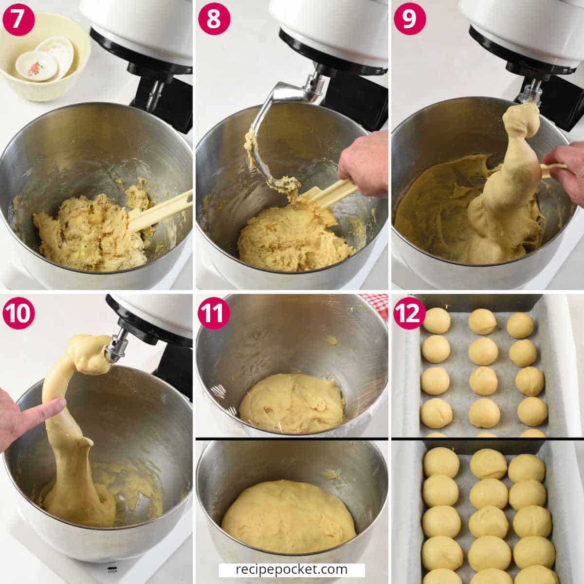 Image collage showing the dough kneaded in the stand mixer and dough shaped into rolls.