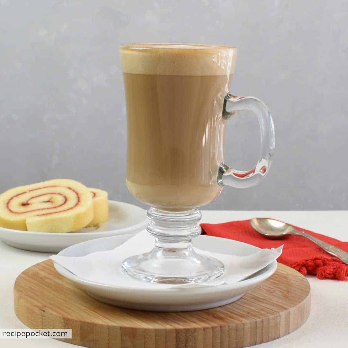Side view of homemade latte made with instant coffee.
