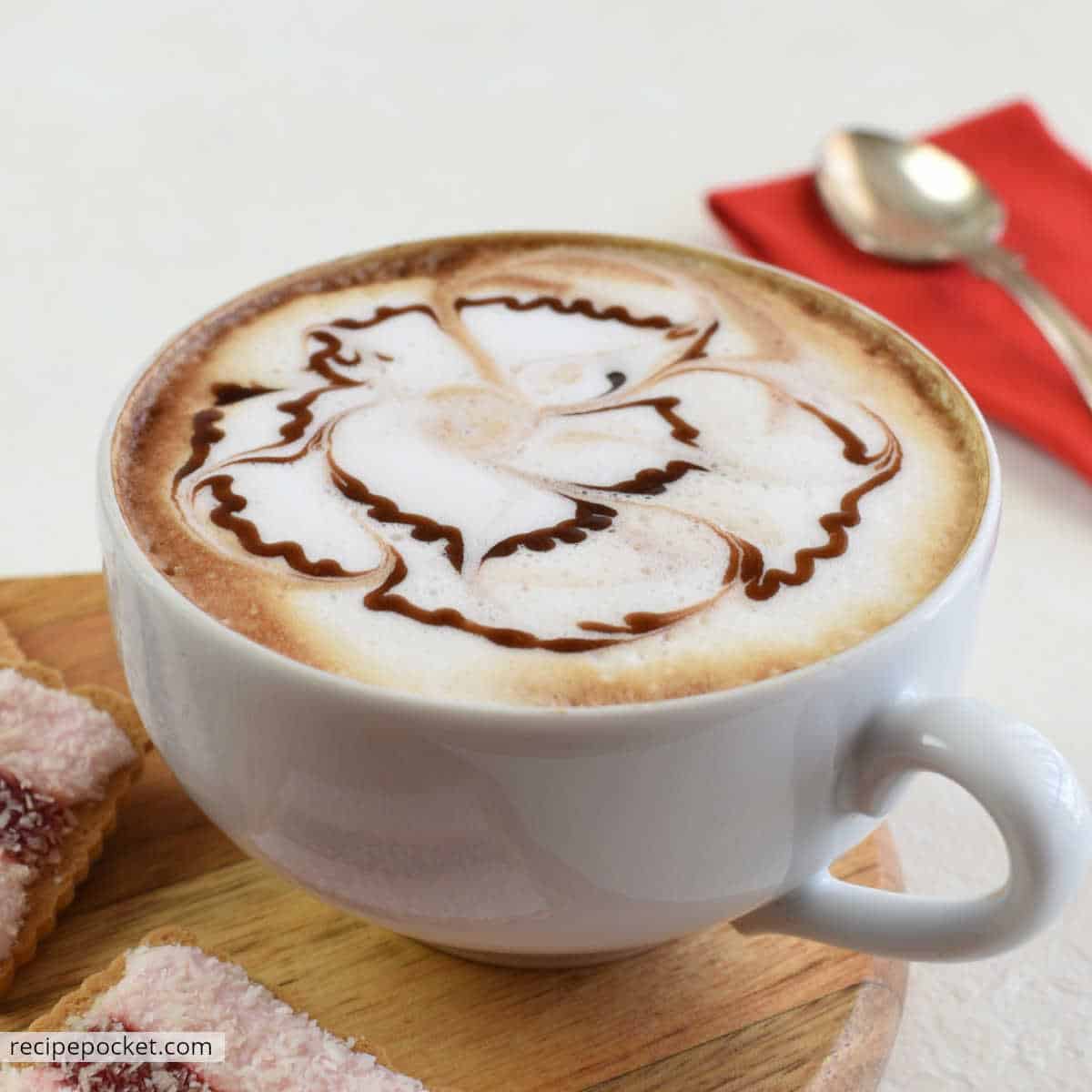 Homemade mocha in a white cup.