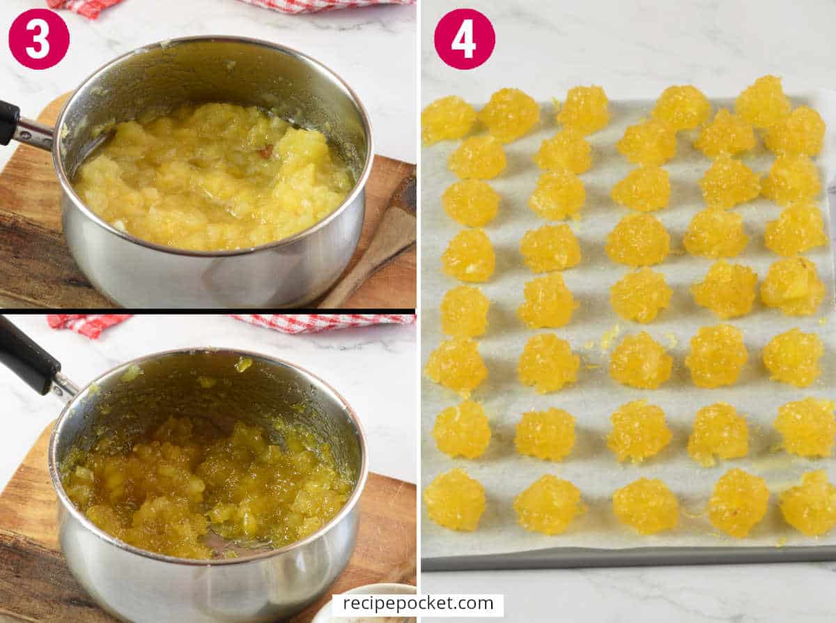 Image showing pineapple jam before and after cooking and the cooled jam rolled into balls.