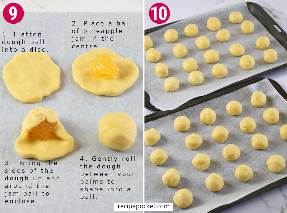 Image showing how to put the jam into the tarts and finished tarts on a tray ready for baking.