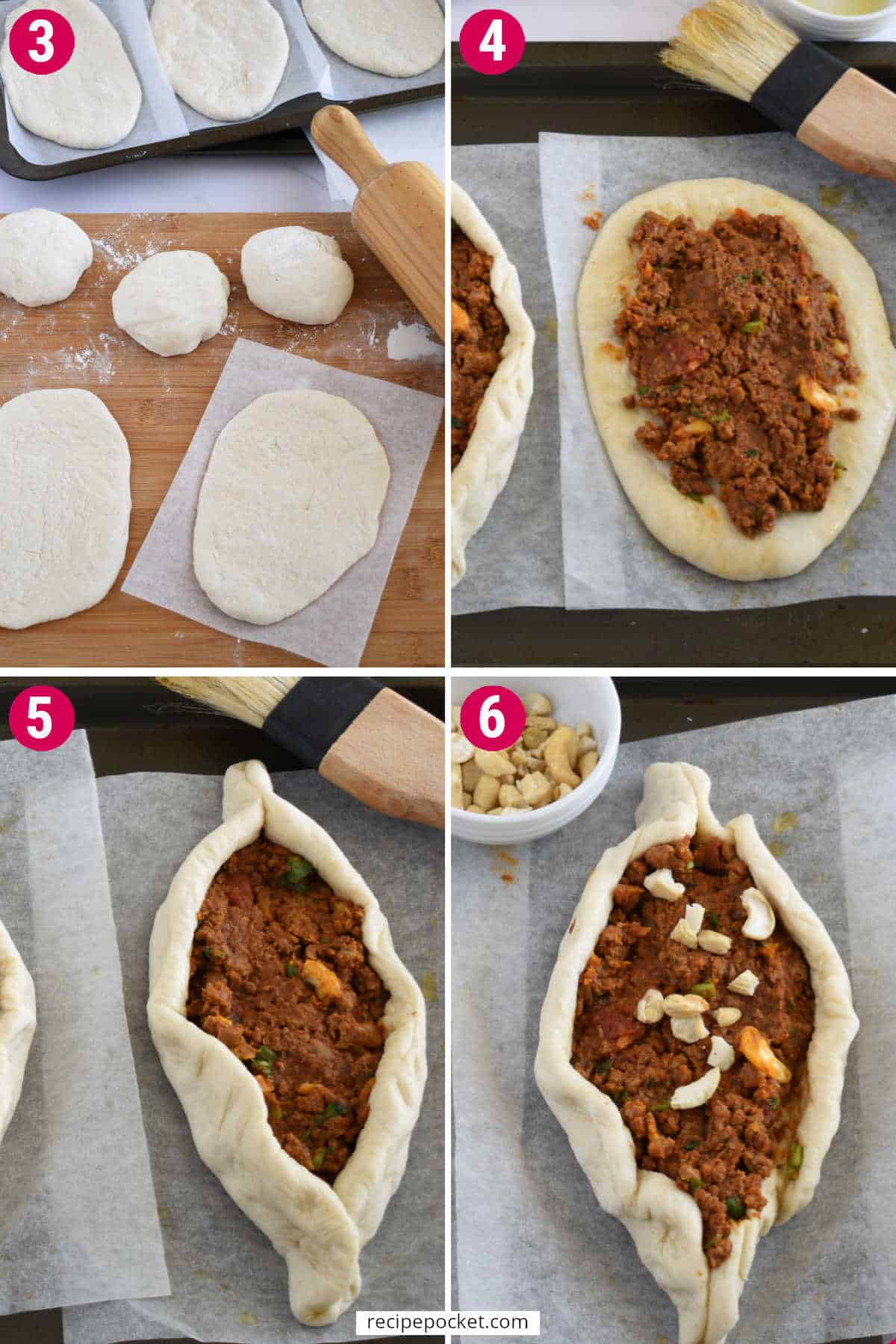 Four part image showing dough rolled out into and oval. Dough with filling. Pide shaped into boat shape and with cashews on top.