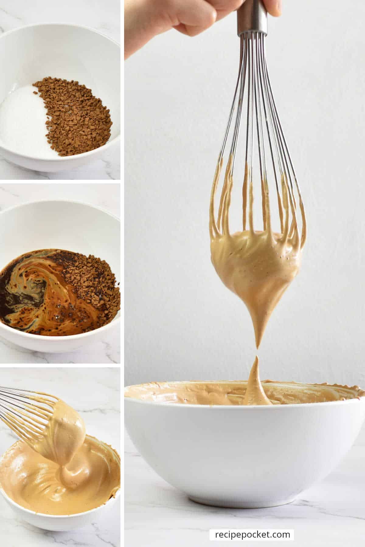 Photo showing whipped coffee in a bowl with a whisk.