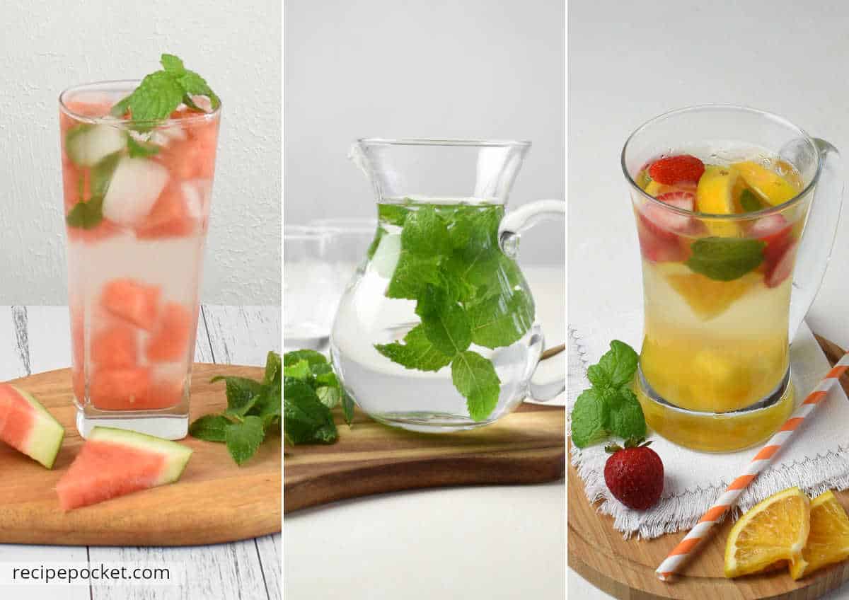 Image showing melon water, mint infused water and orange and mango infused water.