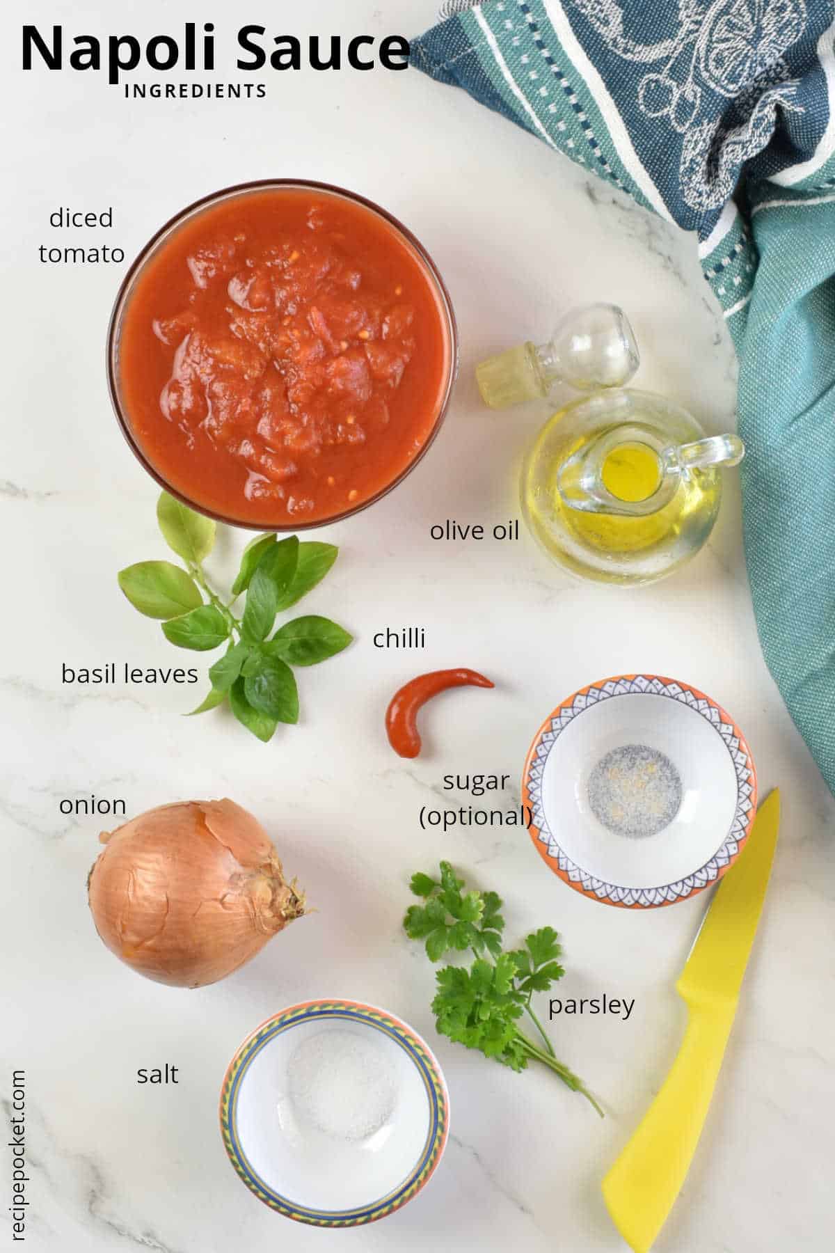 Picture showing the ingredients needed to make Napoli sauce.