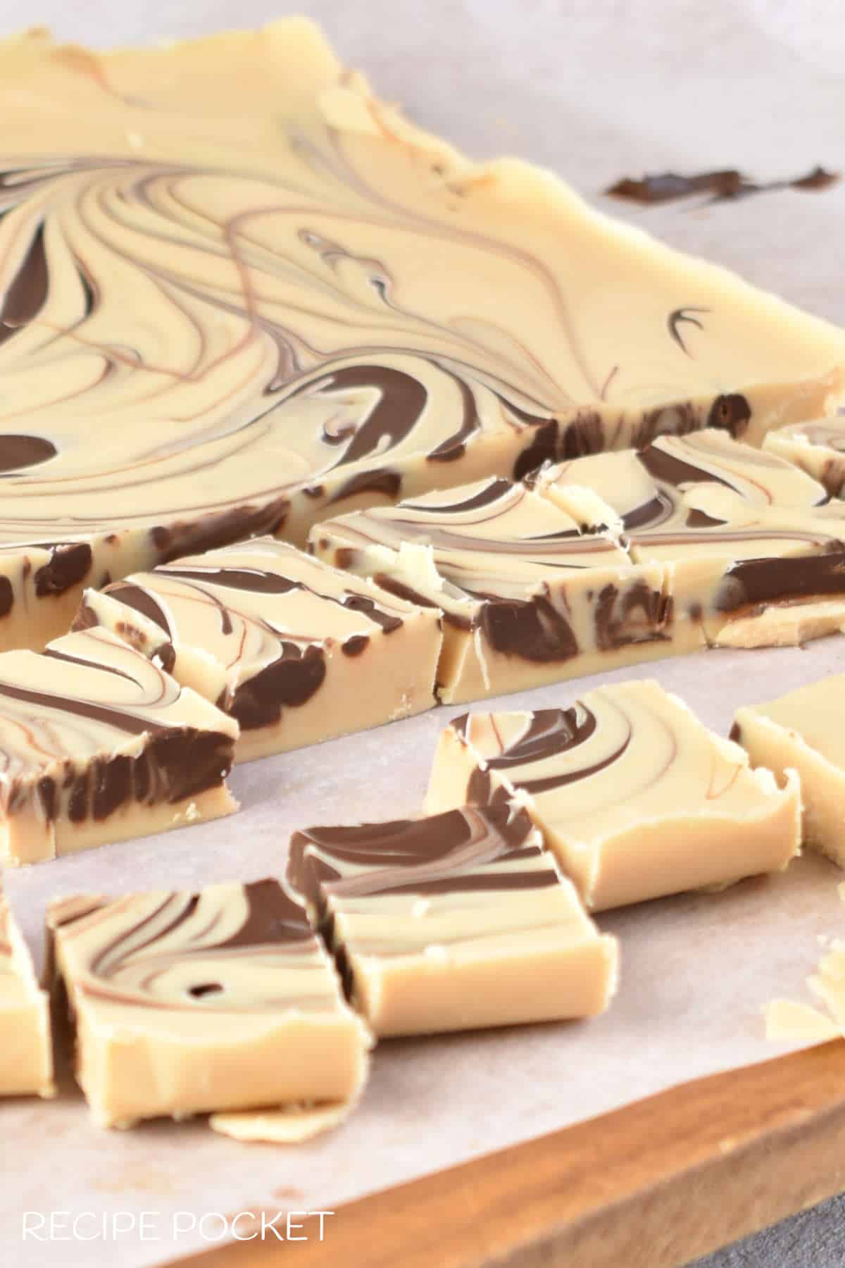 Tiger butter fudge cut into pieces.