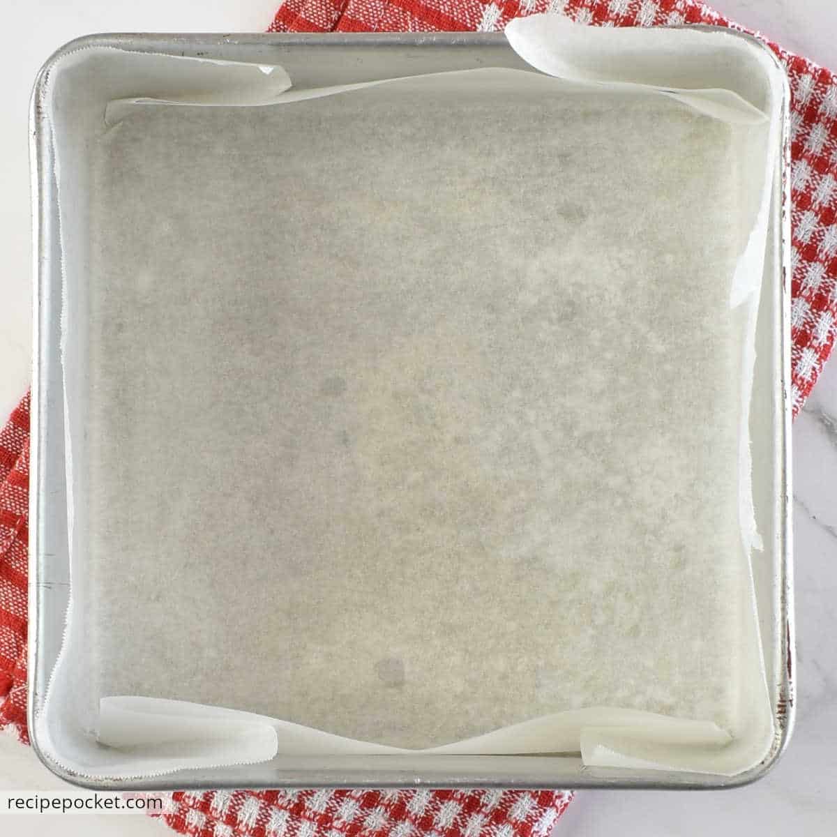 Cake tin lined with baking paper.