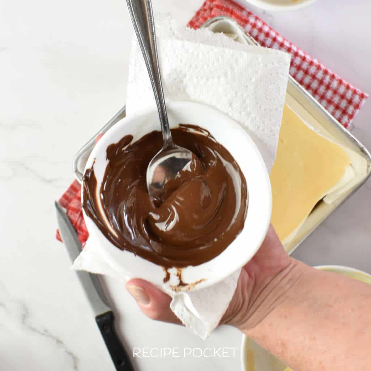 Meltec dark chocolate in a bowl.
