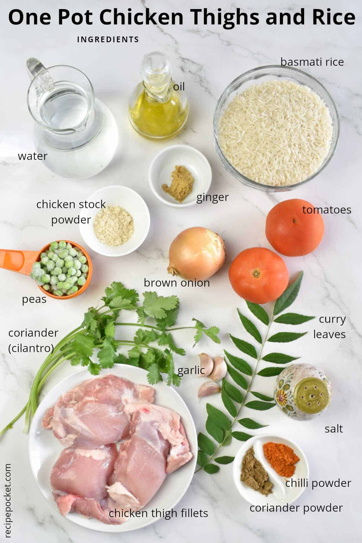 Image showing the ingredients need to make this one pot chicken and rice recipe.