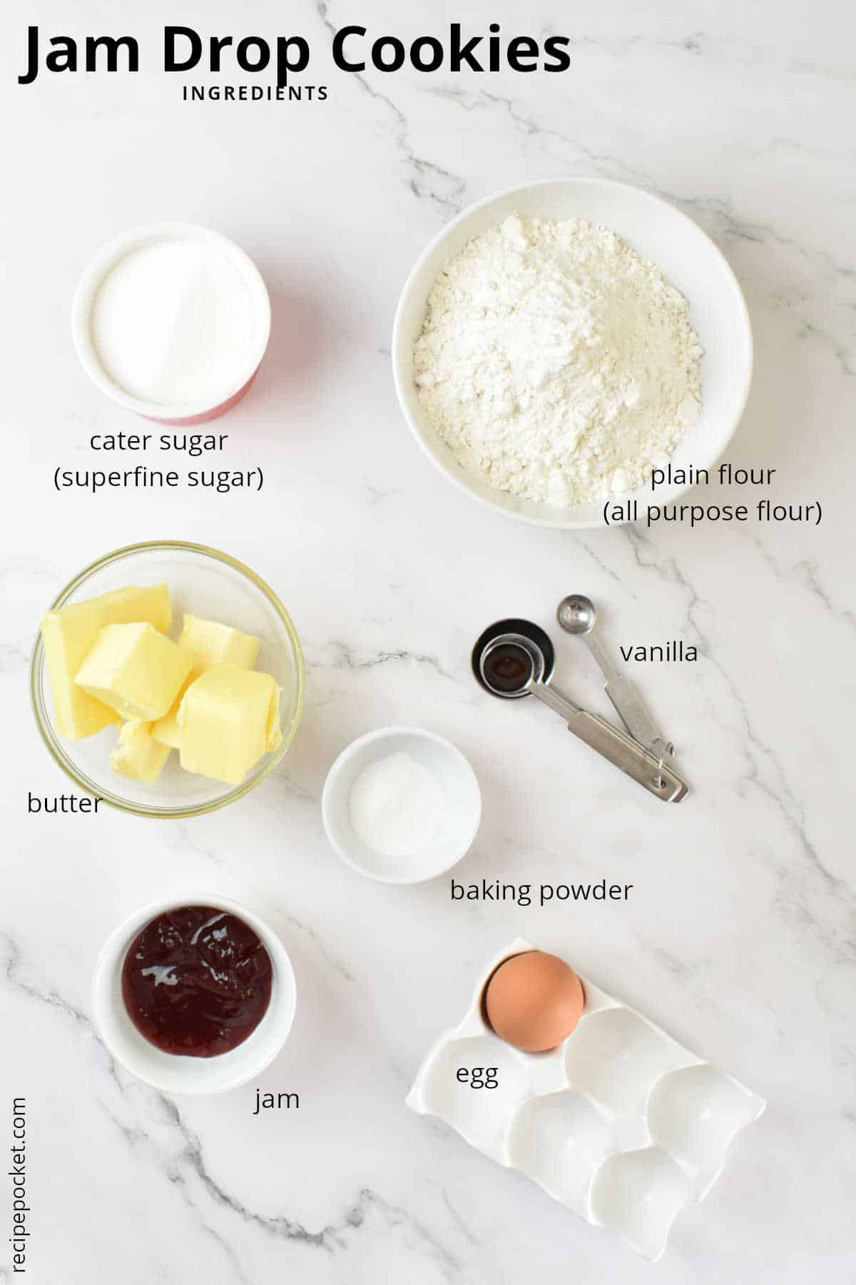 Picture showing the ingredients needed to make jam drop cookies.