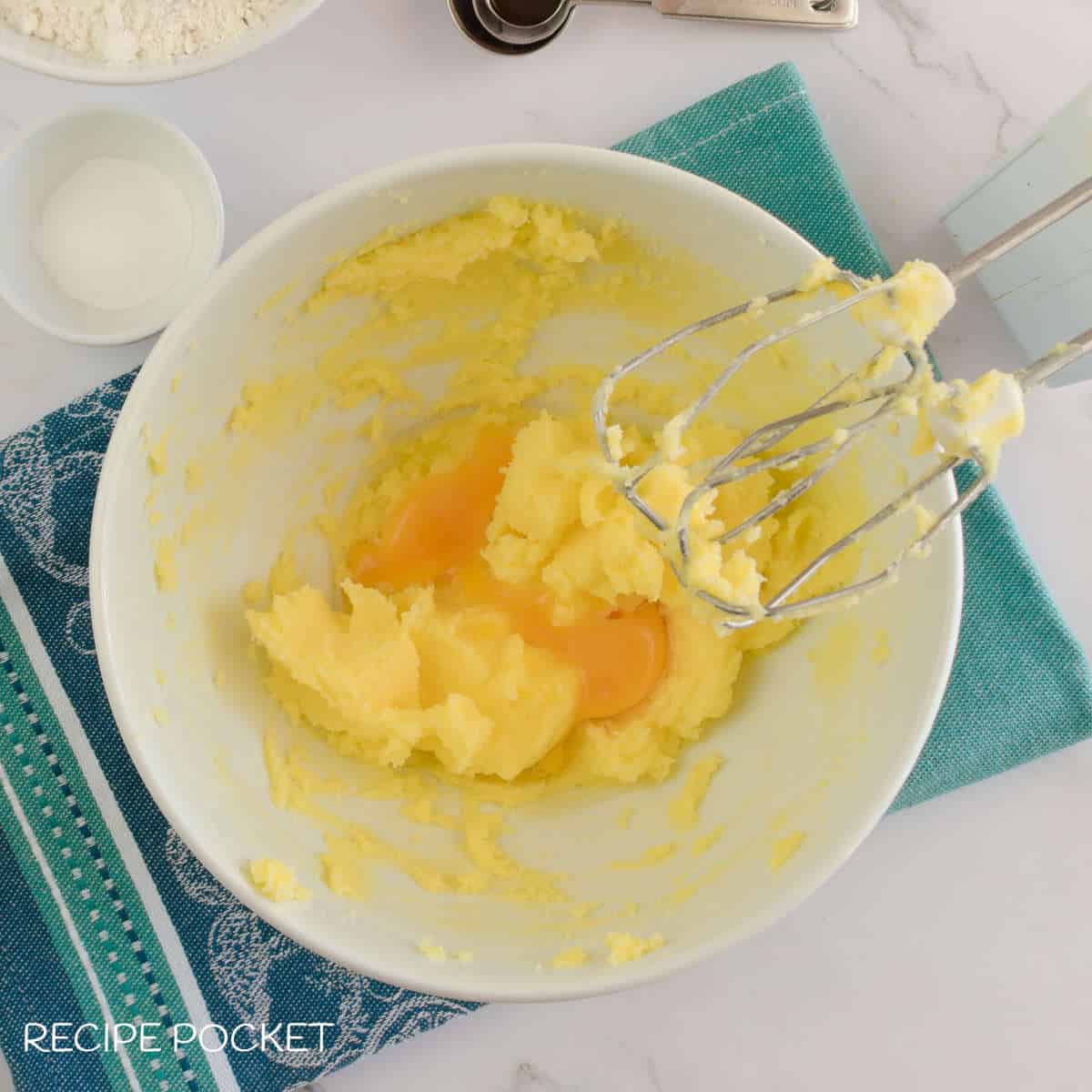Creamed butter and eggs.