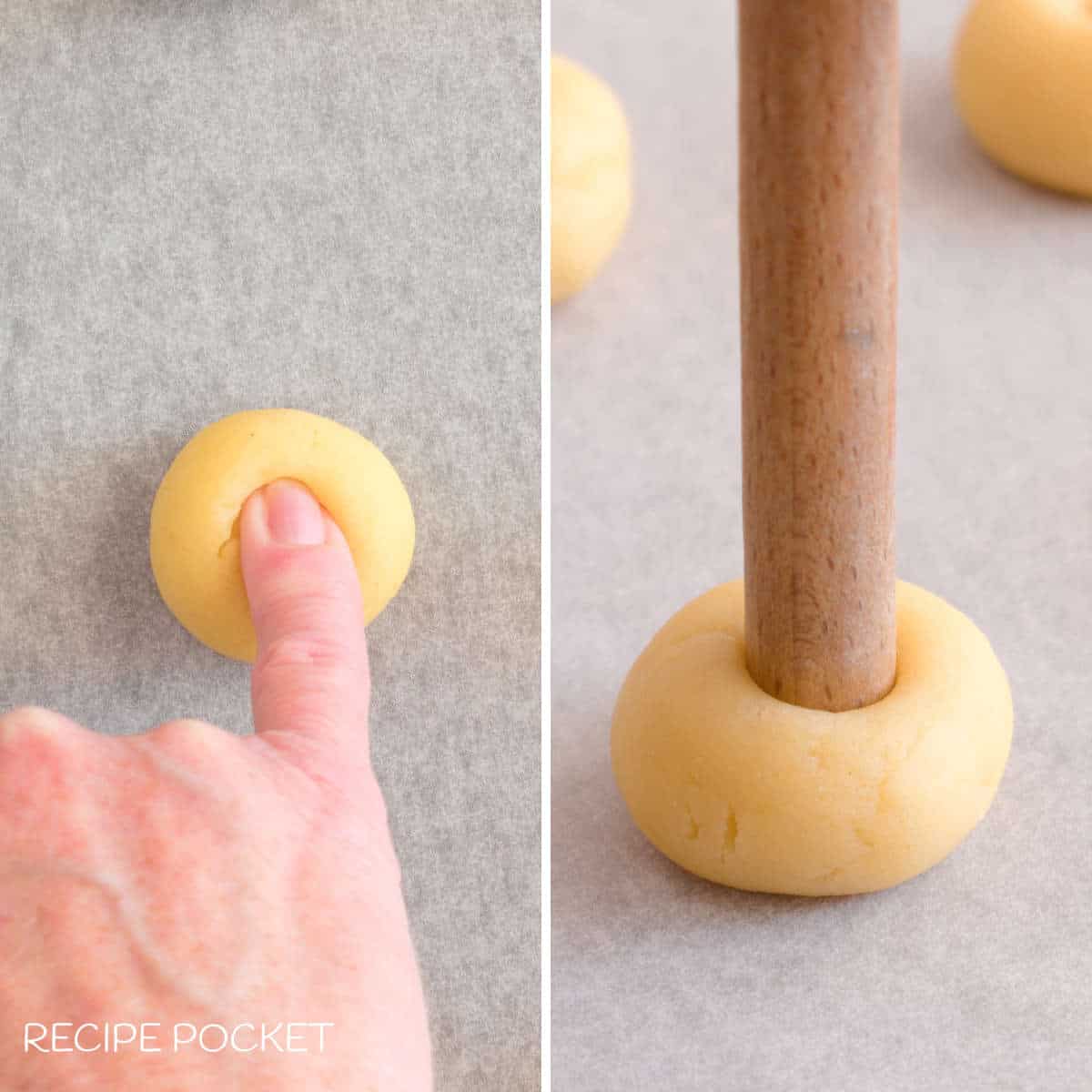 Making holes in cookie dough for jam filling..