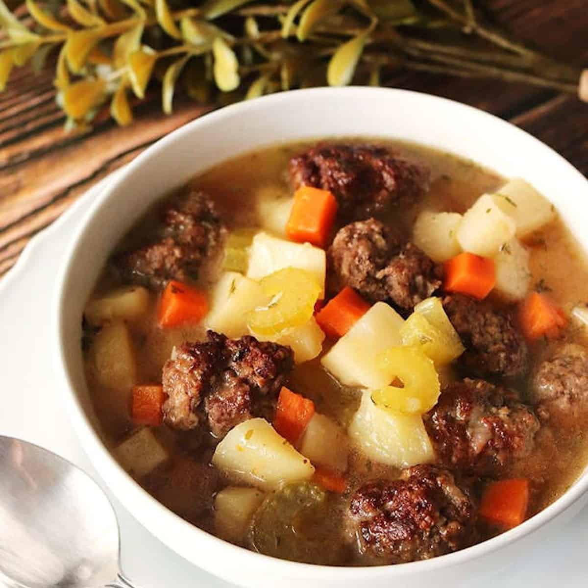 A bowl of instant pot meatball soup.