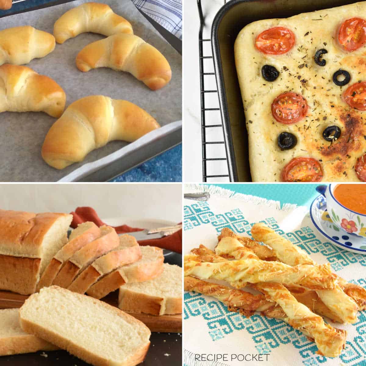 Image showing crescent rolls, focaccia bread, white bread loaf and bread sticks.
