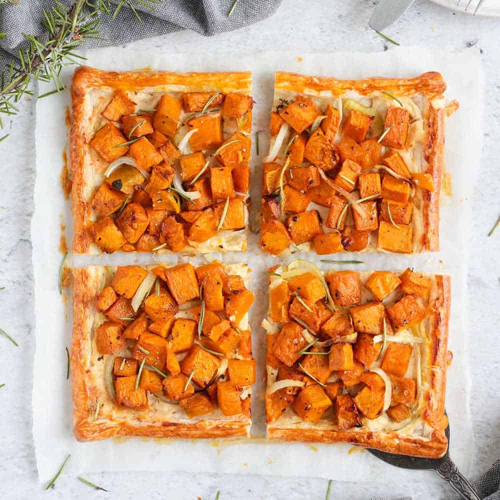 Pumpkin tart on baking paper.