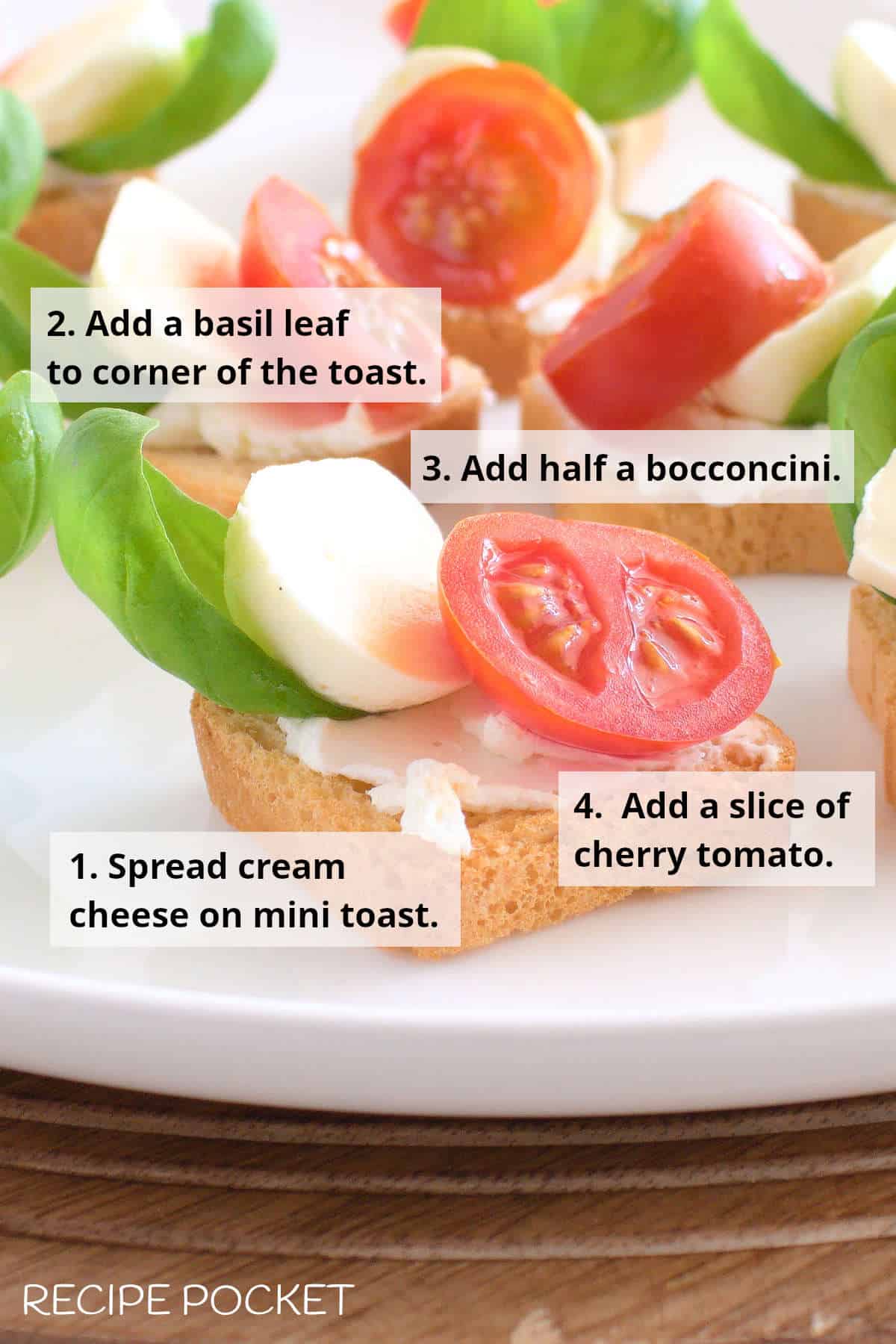 Image with text overlay explaining how to make caprese corstini.