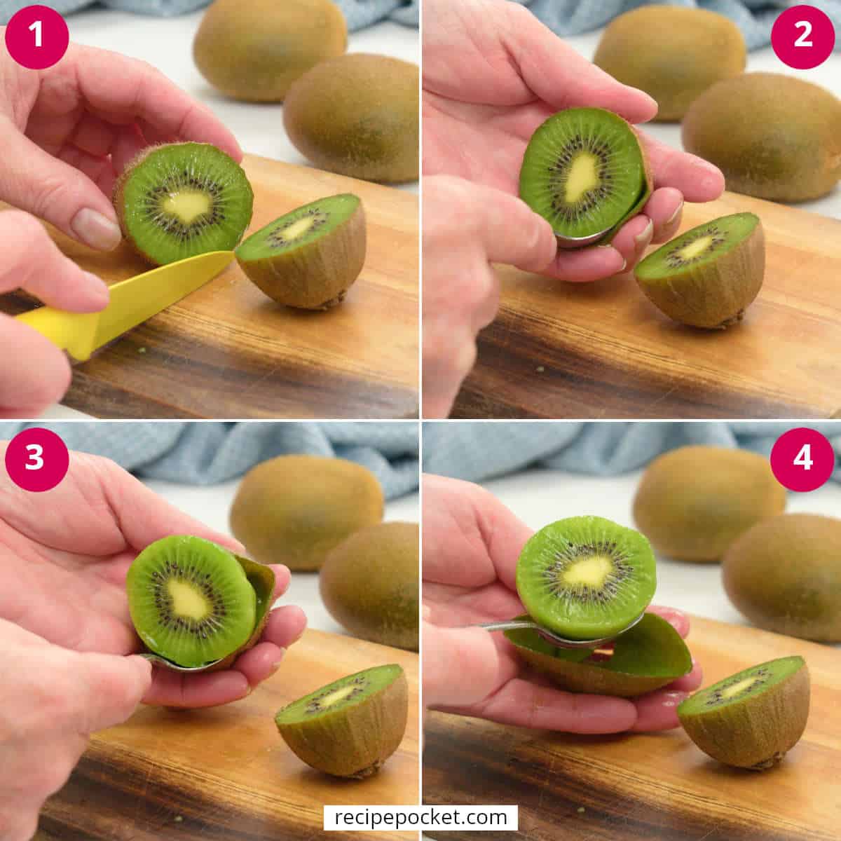 How to peel half a kiwi fruit with a spoon.
