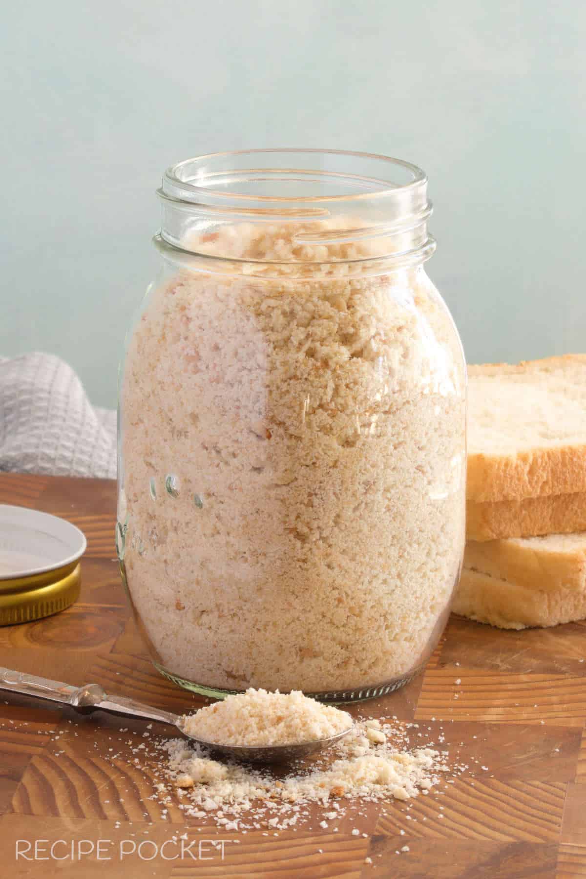 Homemade breadcrumbs in a glass bottle.