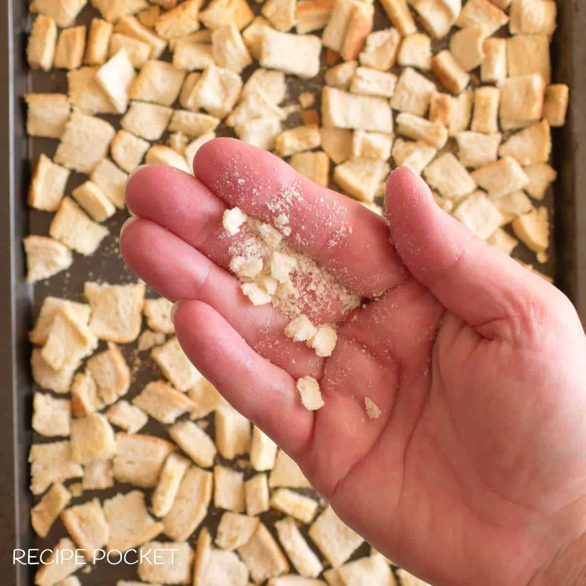Oven dried bread on a baking tray.