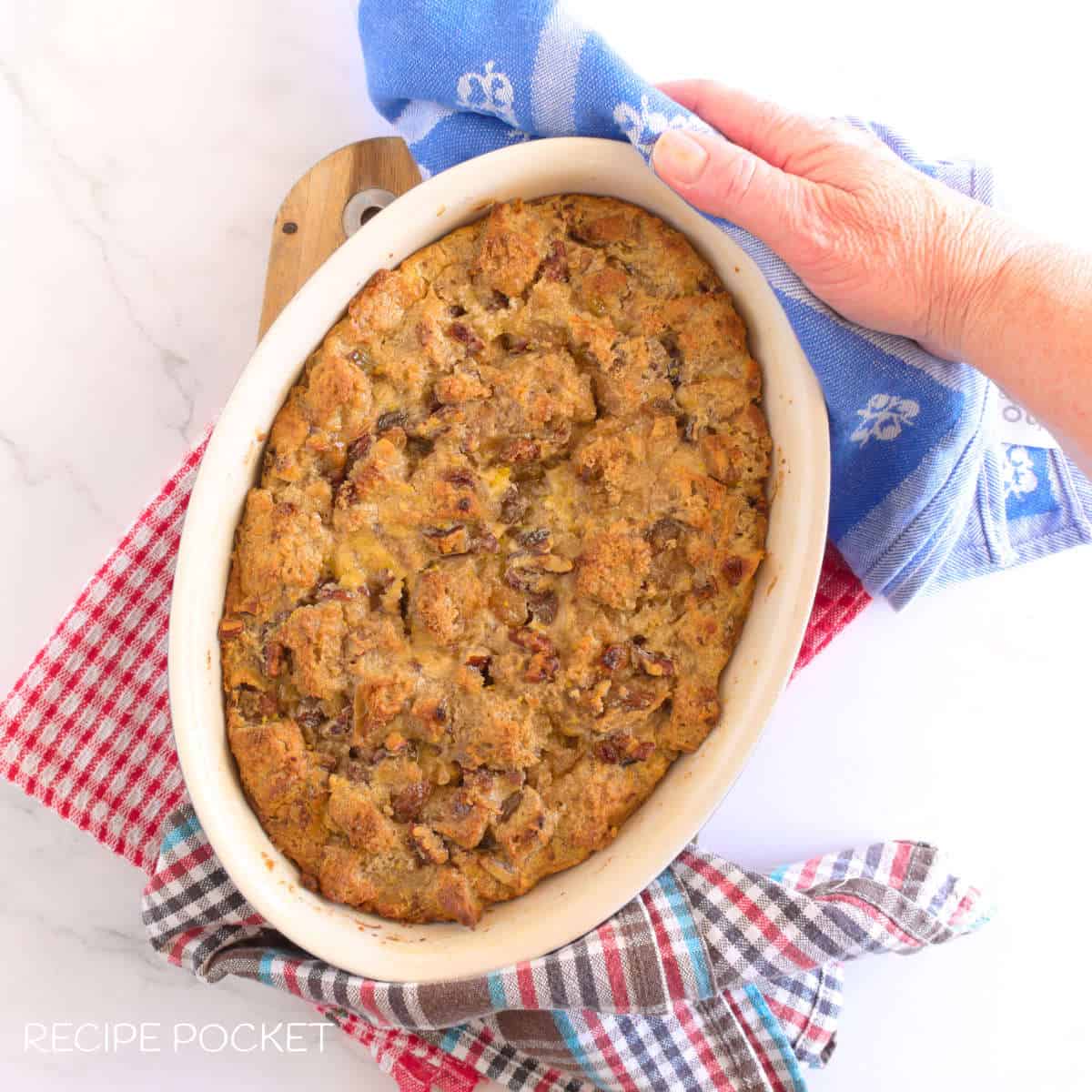 Baked bread and butter pudding.