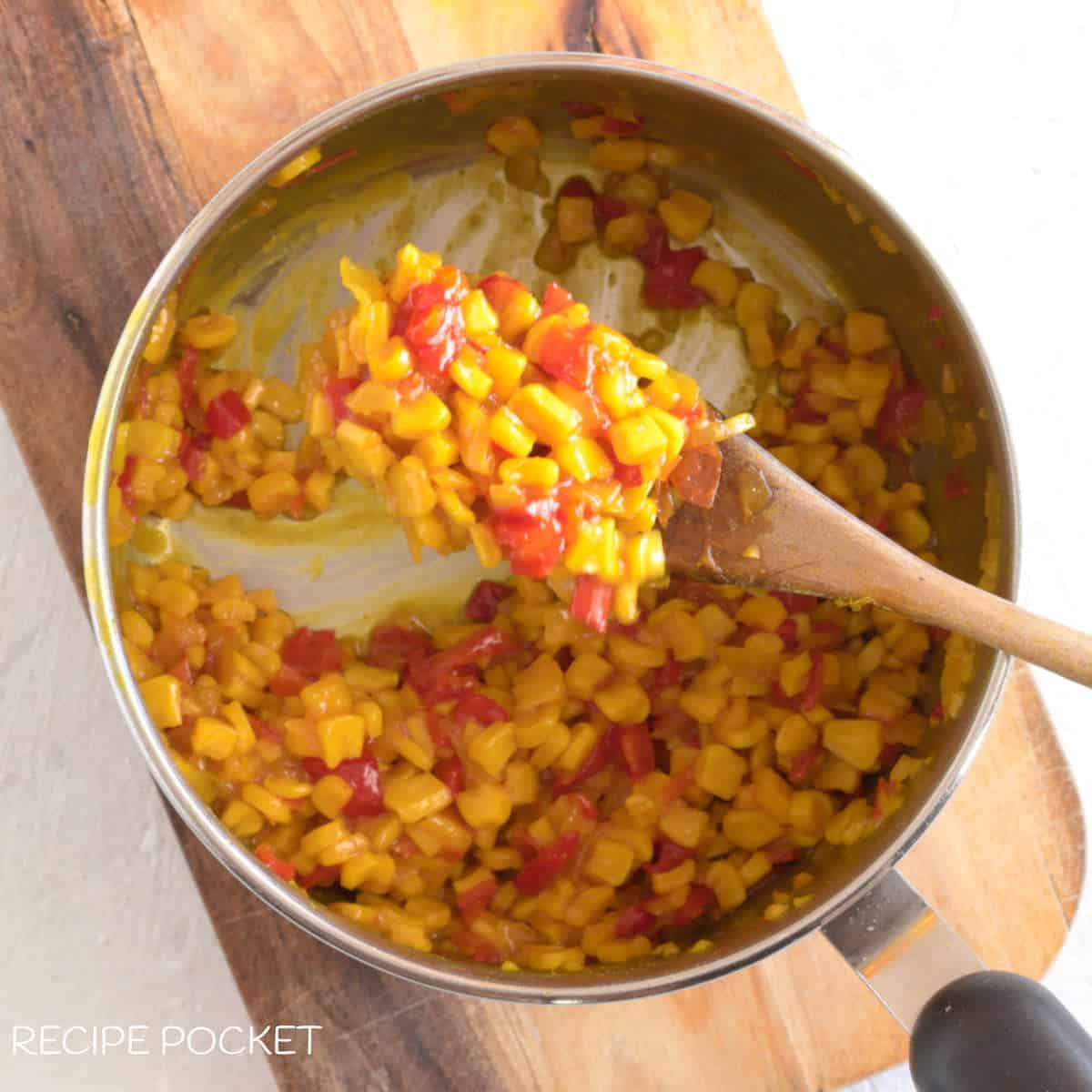 Picture of fully cooked and thick homemade corn relish.