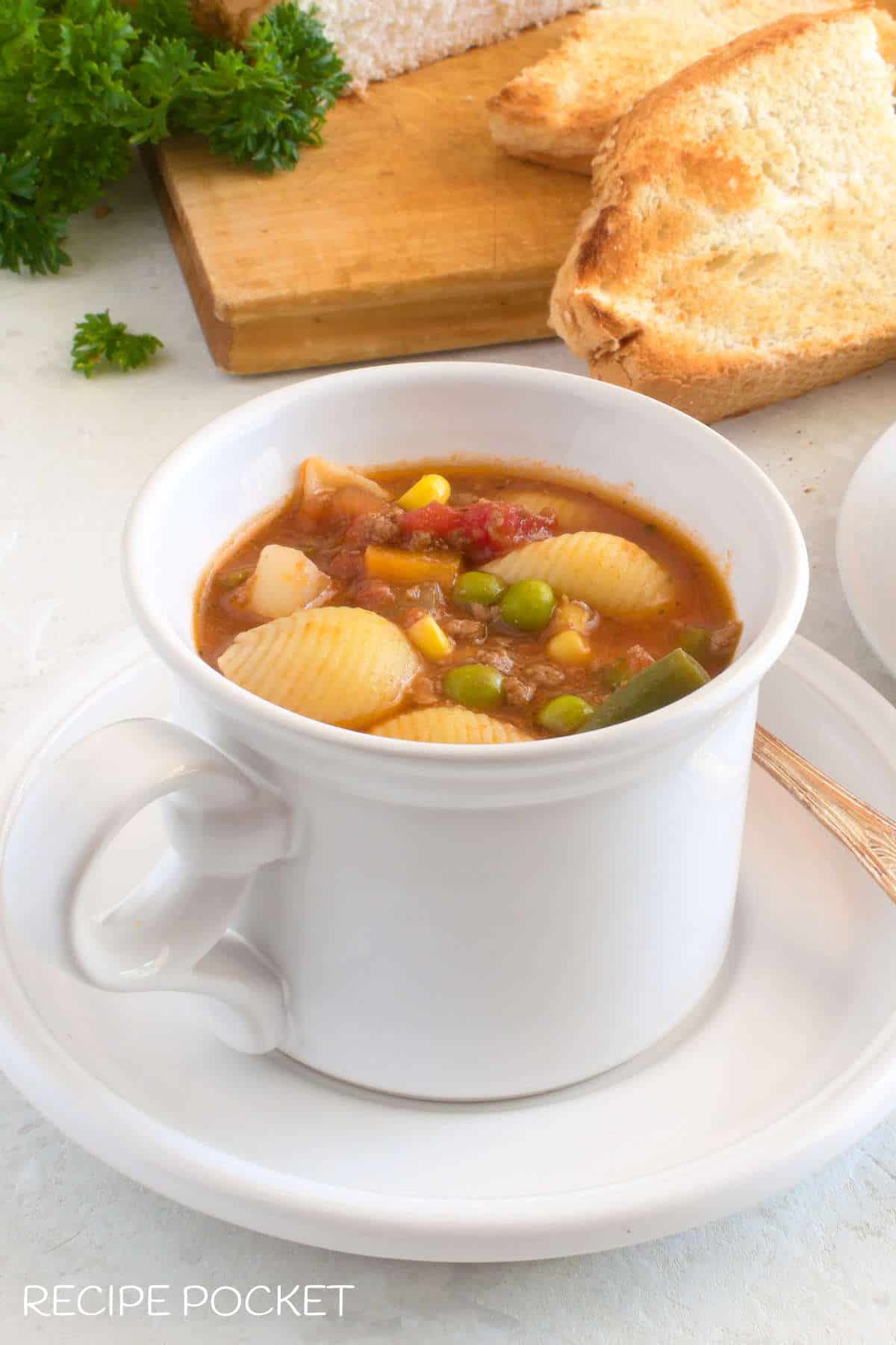 Pasta and beef soup.