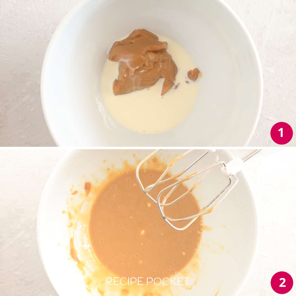 Image collage showing unwhipped dulce delche and cream.