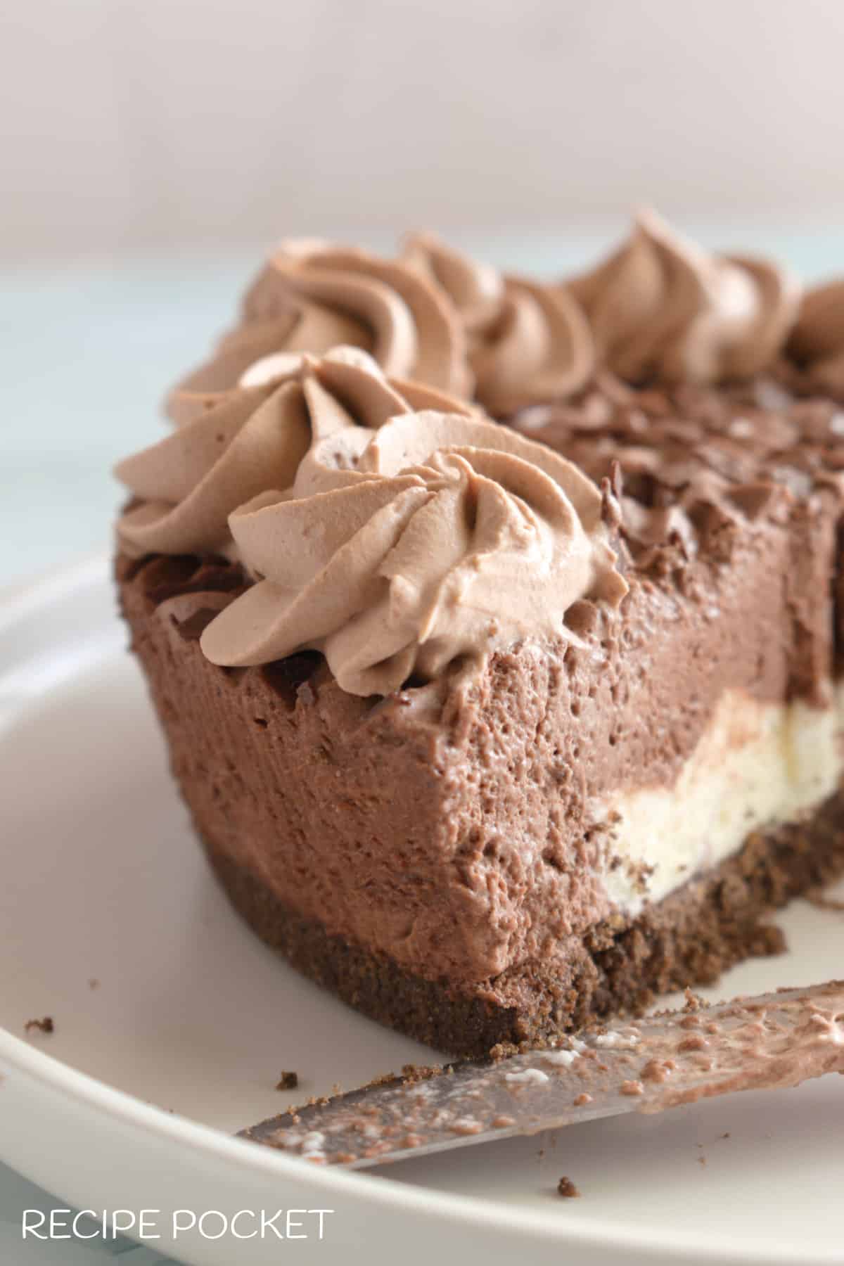 A cut piece of mousse cake.
