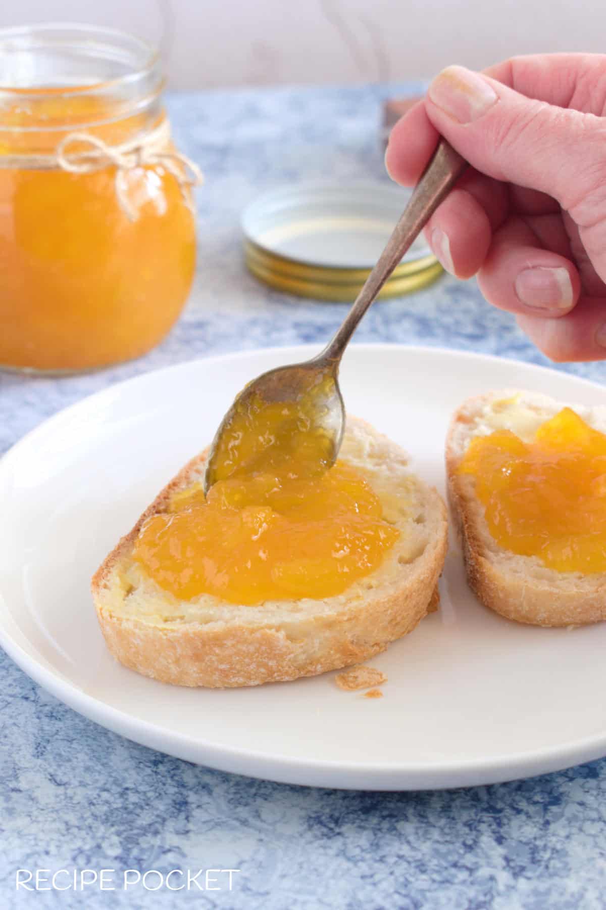 Mango jam on bread.