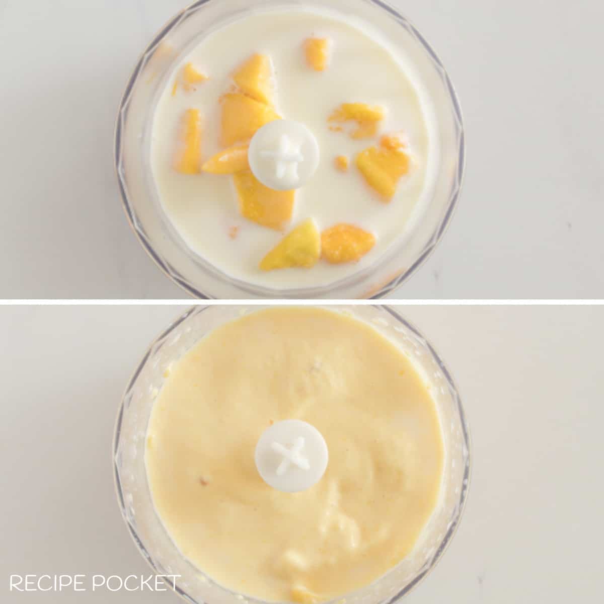 Before and after image of mango and milk in a food processor.
