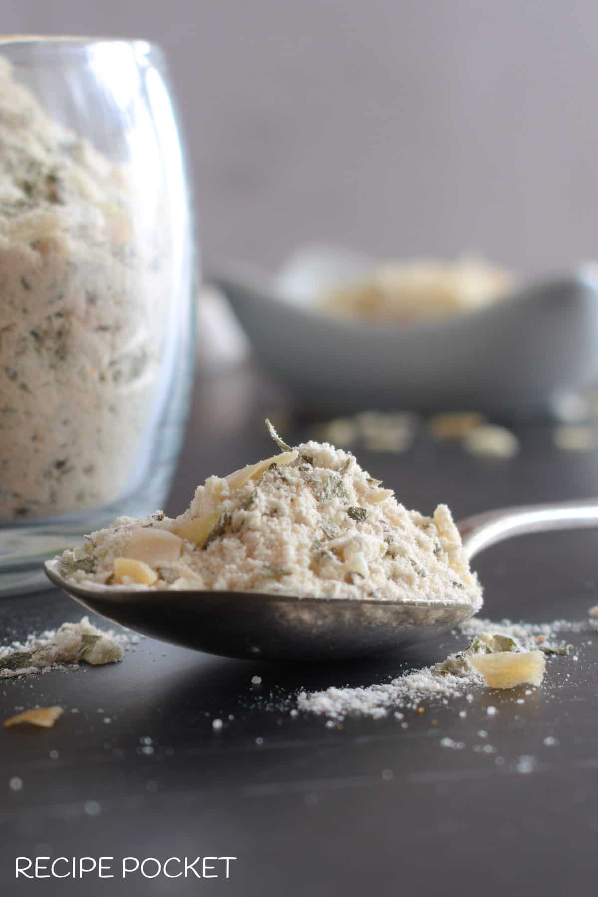 dry onion soup mix on a spoon.