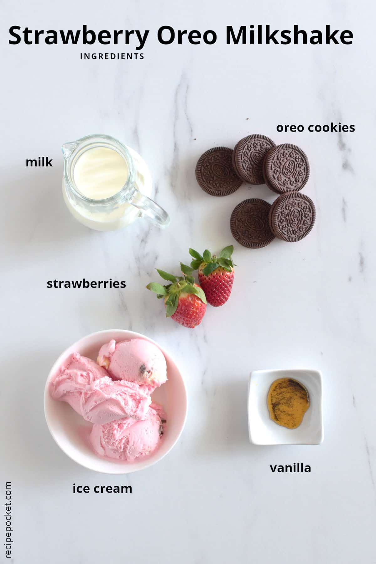 Ingredients image for strawberry milkshake with oreo cookies.