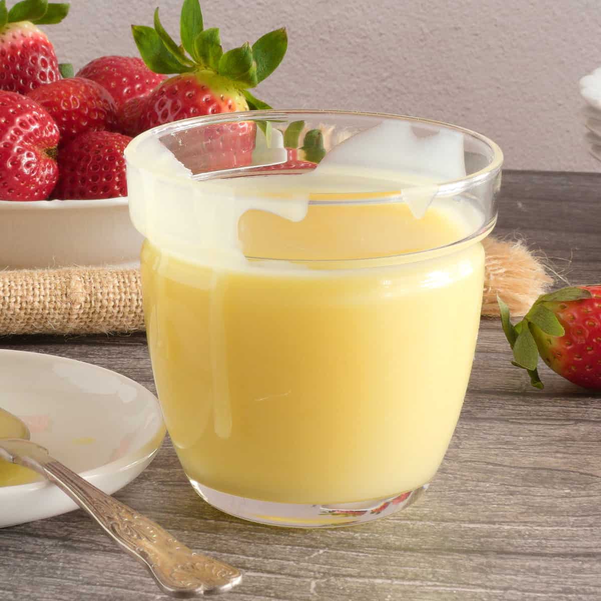 Homemade white chocolate dipping sauce.