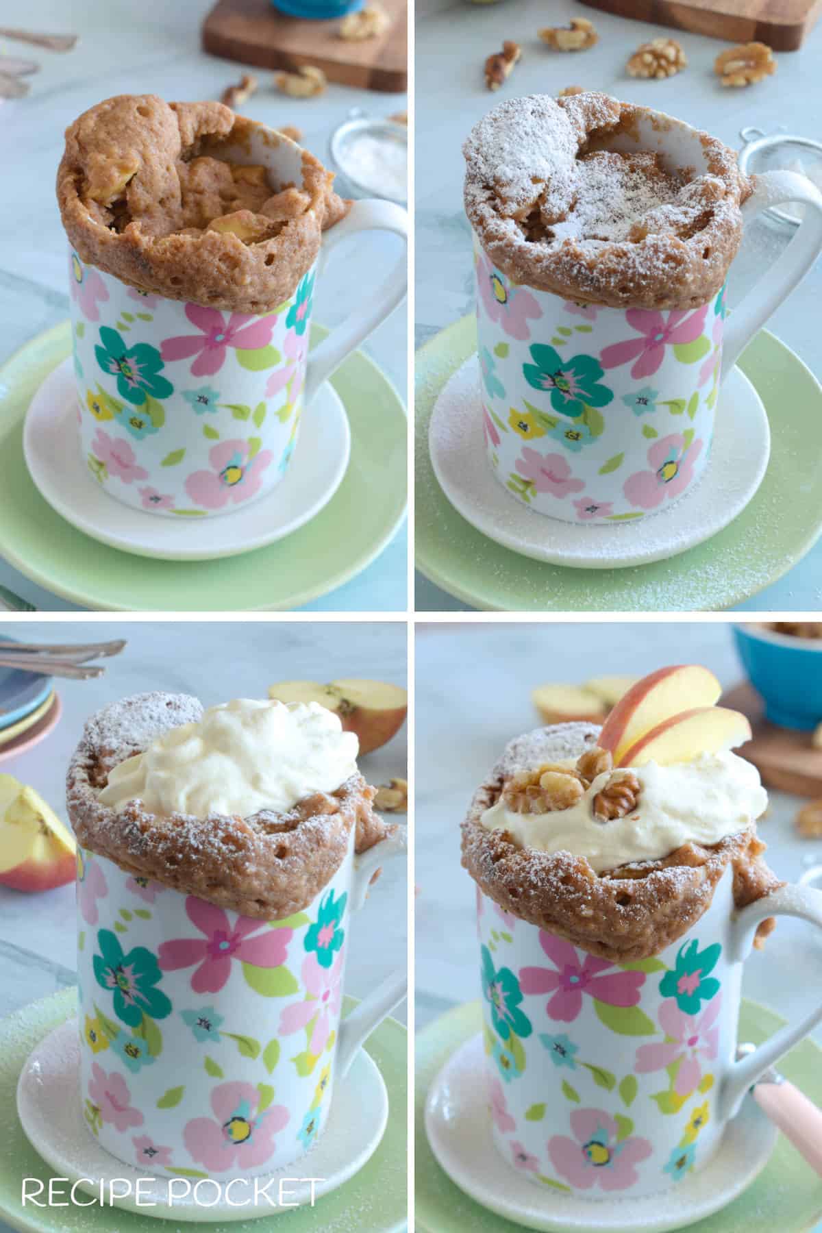 A collage of apple mug cake showing the stages of  decorating with whipped cream, apple and walnuts.