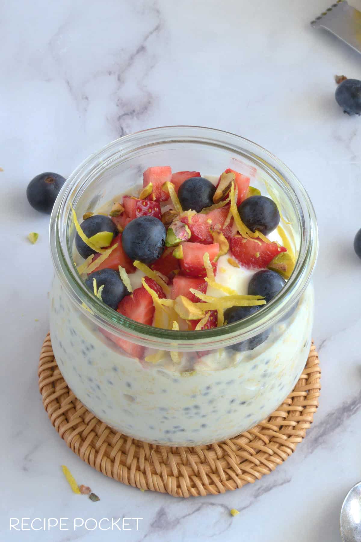 Vanilla overnight oats with fresh fruit on top.