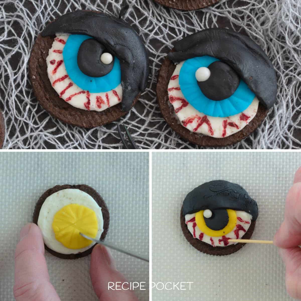 A close up of blue eyeball cookies that are bloodshot.