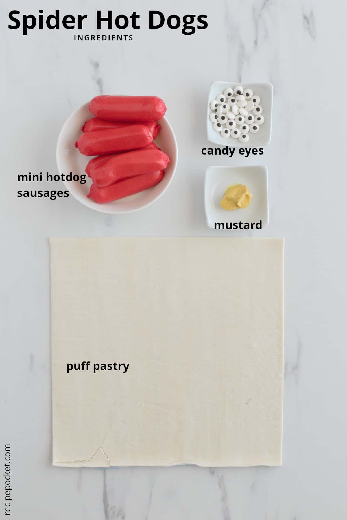 Ingredients image for Halloween spider hot dog appetizers.